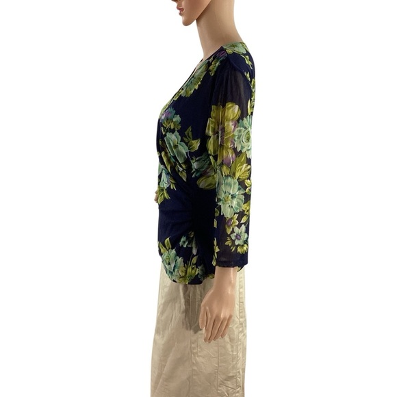 Coldwater Creek Navy Floral Faux Wrap Blouse 3/4 Sleeve Size M - Picture 4 of 7